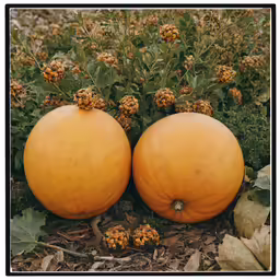 two pumpkins are placed next to each other