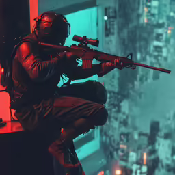 a man with a rifle and safety equipment on
