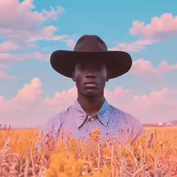 a photo of a man in a cowboy hat in the middle of a field