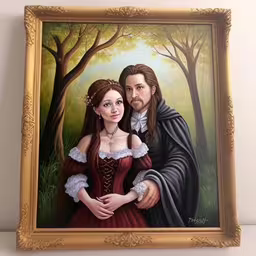 a painting of a couple in red dresses,a painting of two people in front of a tree