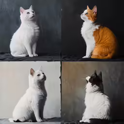a series of six photos of a white and orange cat