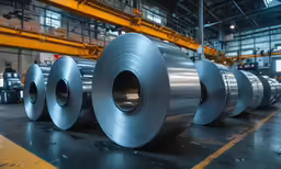 rolls of aluminum being transported by workers from a factory