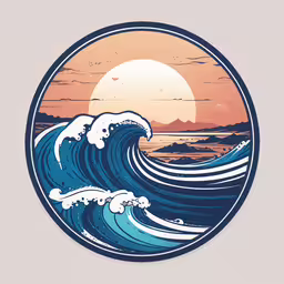 the wave logo in a circular frame on a white surface,a blue wave in a circle with a sunset and some hills