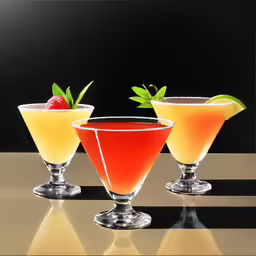three glasses of different colored drinks with some fruit