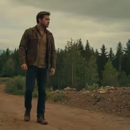a man with brown hair walking on dirt road