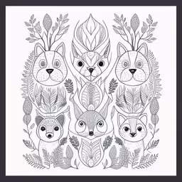 an artistic image of cats surrounded by leaves and flowers