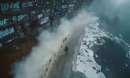 a group of people standing near the ocean in front of many buildings