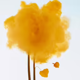 a group of yellow objects floating in the air next to a tall tree