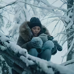 the young woman is sitting on a wooden bench outside in the snow