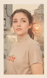 there is a girl with long hair standing in front of a picture