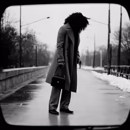 a woman is in the rain in a trench coat