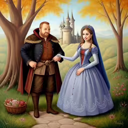 a man and woman standing on a path in front of some trees,a painting of a bride and groom outside