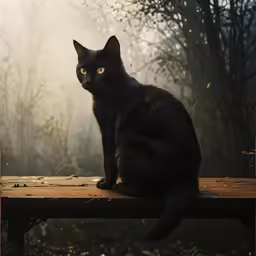 a black cat sitting on top of a wooden bench