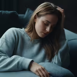a woman sitting on a couch looking down