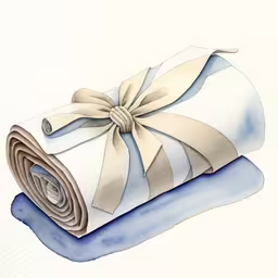 a roll of twine sitting on top of a blanket,an artistic painting of a wrapped sheet of white and tan paper