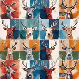 a pattern of deer faces is shown on a colorful background