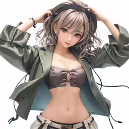 a girl in leather clothes poses with her hands on her head
