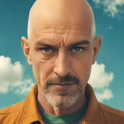 a bald man with a beard stares to the side