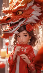 little girl in red and orange dragon costume