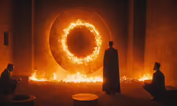 a man stands near two men in front of a fire ring
