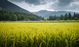there is a large grass field and trees in the background