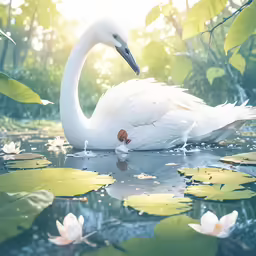 a white swan is floating in the pond
