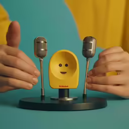 hand holding a pair of microphones with two faces