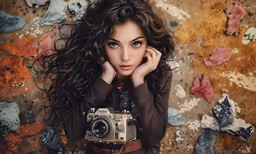 a woman with an old fashioned camera looking at the camera