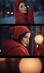 a series of photos of a woman with red gloves