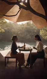 two women sitting at an outside table drinking wine