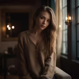 a women sits against a window with dark lighting