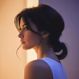 a young woman in a white shirt looking away
