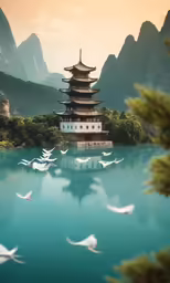 birds fly around an oriental structure surrounded by mountains
