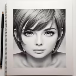 the girl in black and white is displayed next to her pencil