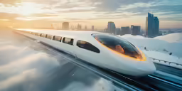 the high speed bullet train is traveling through the snow