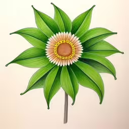 a flower with green leaves and yellow center,an artistic drawing of a flower against a white background