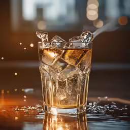 a glass filled with ice and something in it