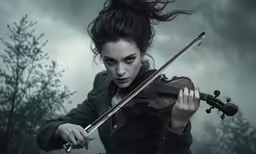 a woman is playing the violin on the dark forest