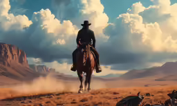 the cowboy rides his horse in the wild