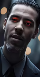 the man is wearing red eyes, a suit and tie