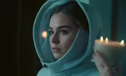a young woman holds a candle lit by the light of the candle
