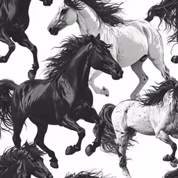 a large group of horses galloping around on white background
