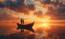 two people in a small boat standing on the water at sunset