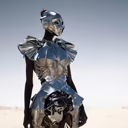 woman in metal armor standing on sand with one leg bent