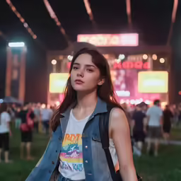 a young woman looks into the distance on a field with others in the background