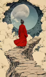 a girl dressed in red is sitting on a path with white clouds