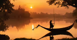 a man riding a small boat on top of a lake,a person on a boat near the water