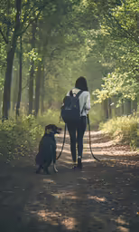 the woman is walking her dog down the path