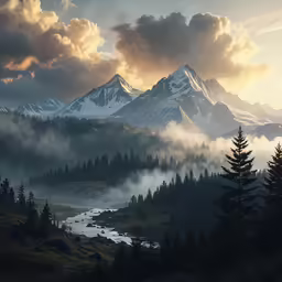 foggy mountains with pine trees and river below in the foreground