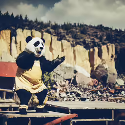 a person dressed in panda bear clothes on a wooden raft